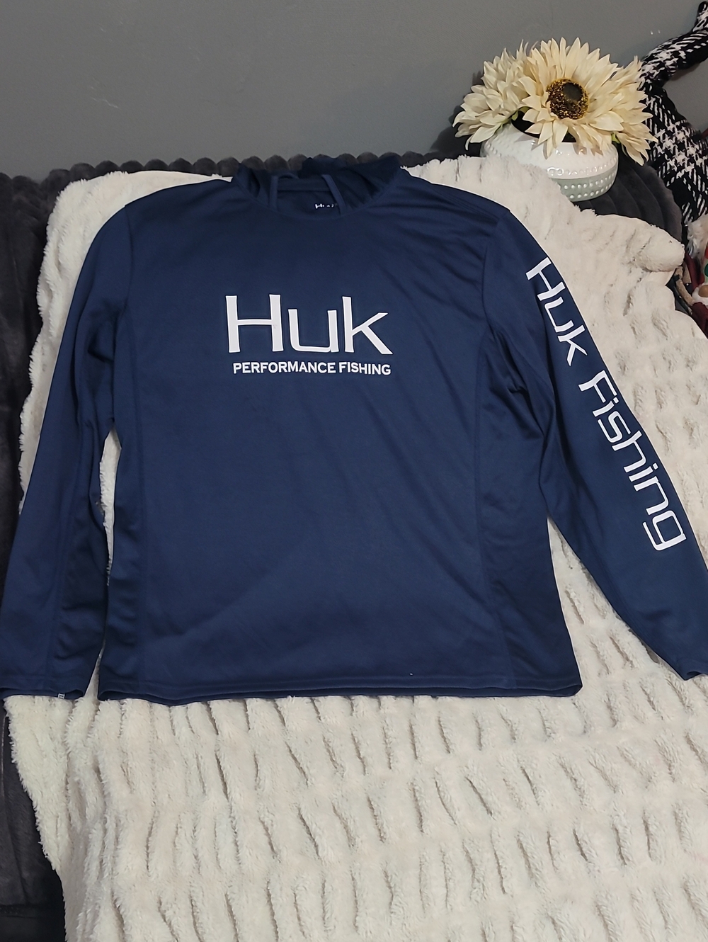 Huk Hooded Navy Long Sleeve Performance Fishing Shirt with White Logo